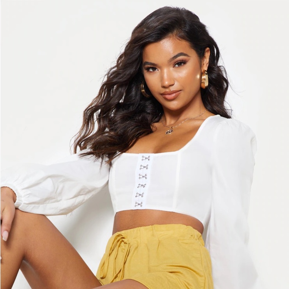 PLT | White Puff Sleeve Corset Detail Crop Top